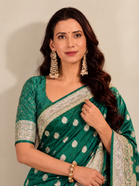 Emerald Green Banarasi Style Silk Saree with Silver Zari Border