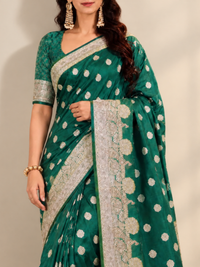 Emerald Green Banarasi Style Silk Saree with Silver Zari Border