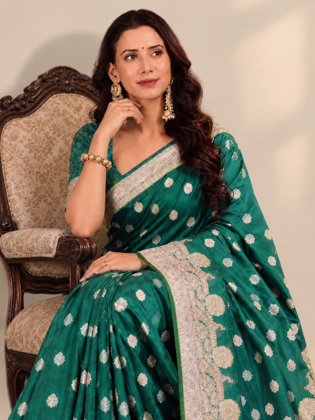 Emerald Green Banarasi Style Silk Saree with Silver Zari Border