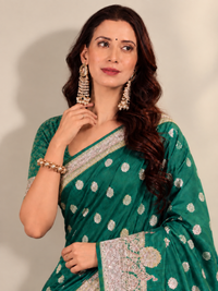 Emerald Green Banarasi Style Silk Saree with Silver Zari Border