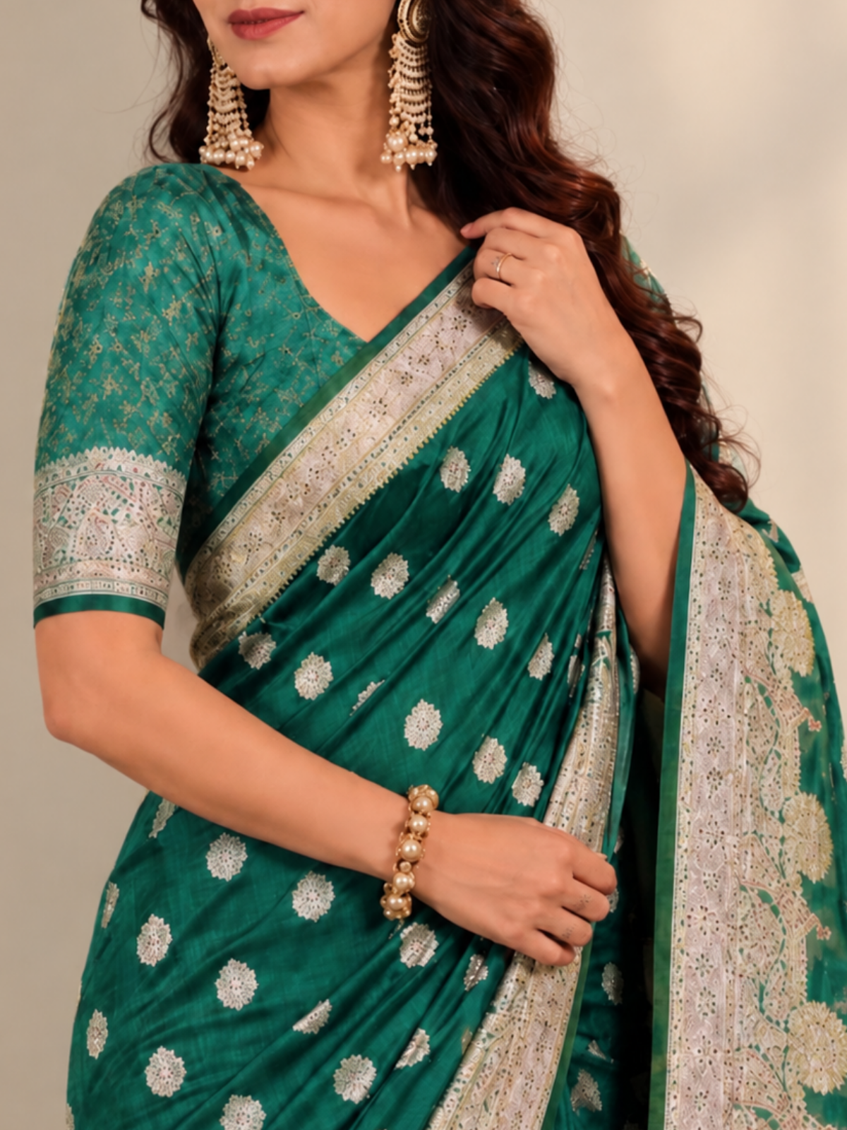 Emerald Green Banarasi Style Silk Saree with Silver Zari Border