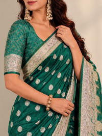 Emerald Green Banarasi Style Silk Saree with Silver Zari Border