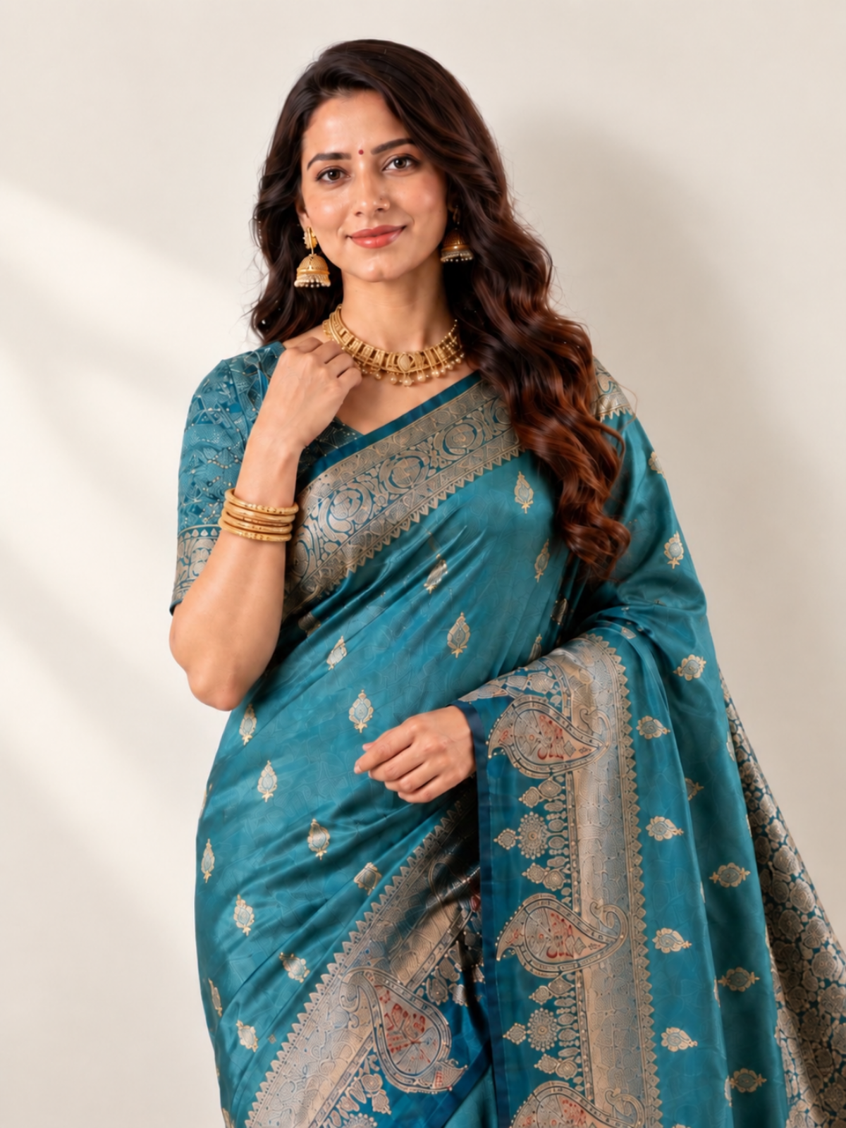 Metallic Sea-Green Silk Saree with Antique-Gold Paisley Pallu
