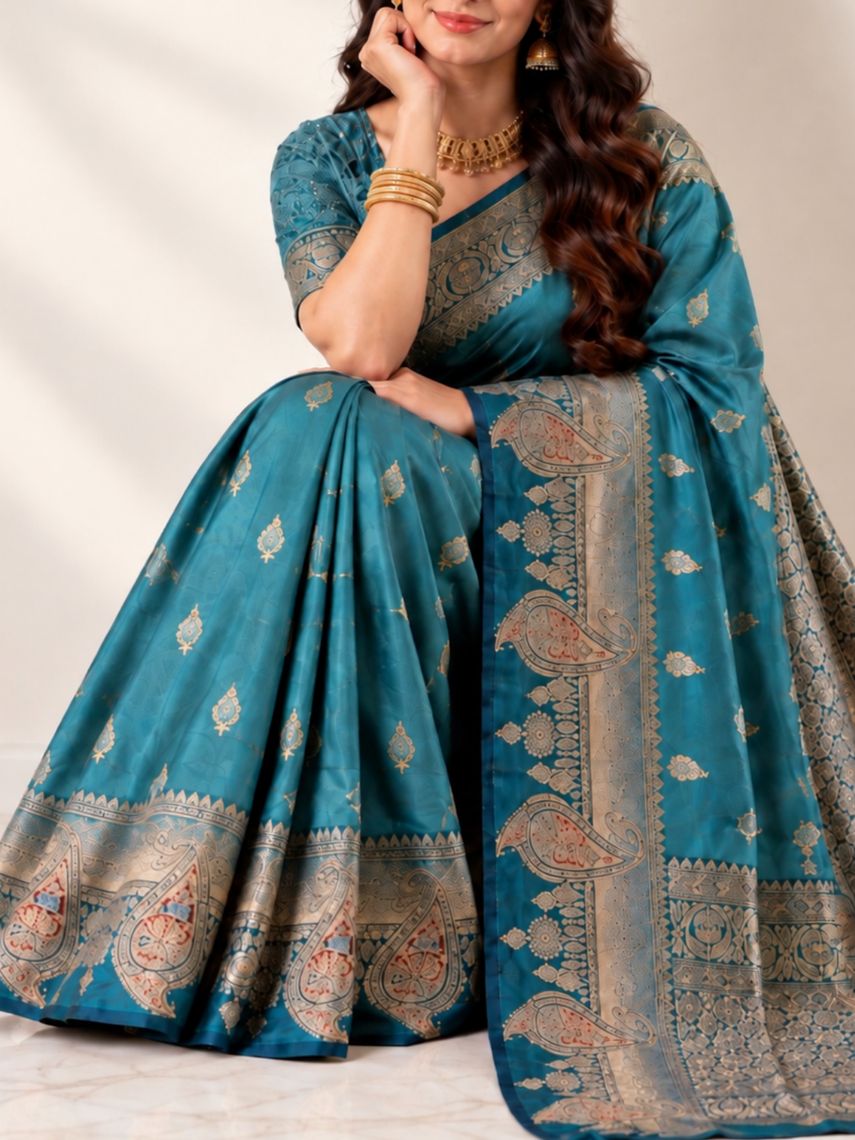 Metallic Sea-Green Silk Saree with Antique-Gold Paisley Pallu