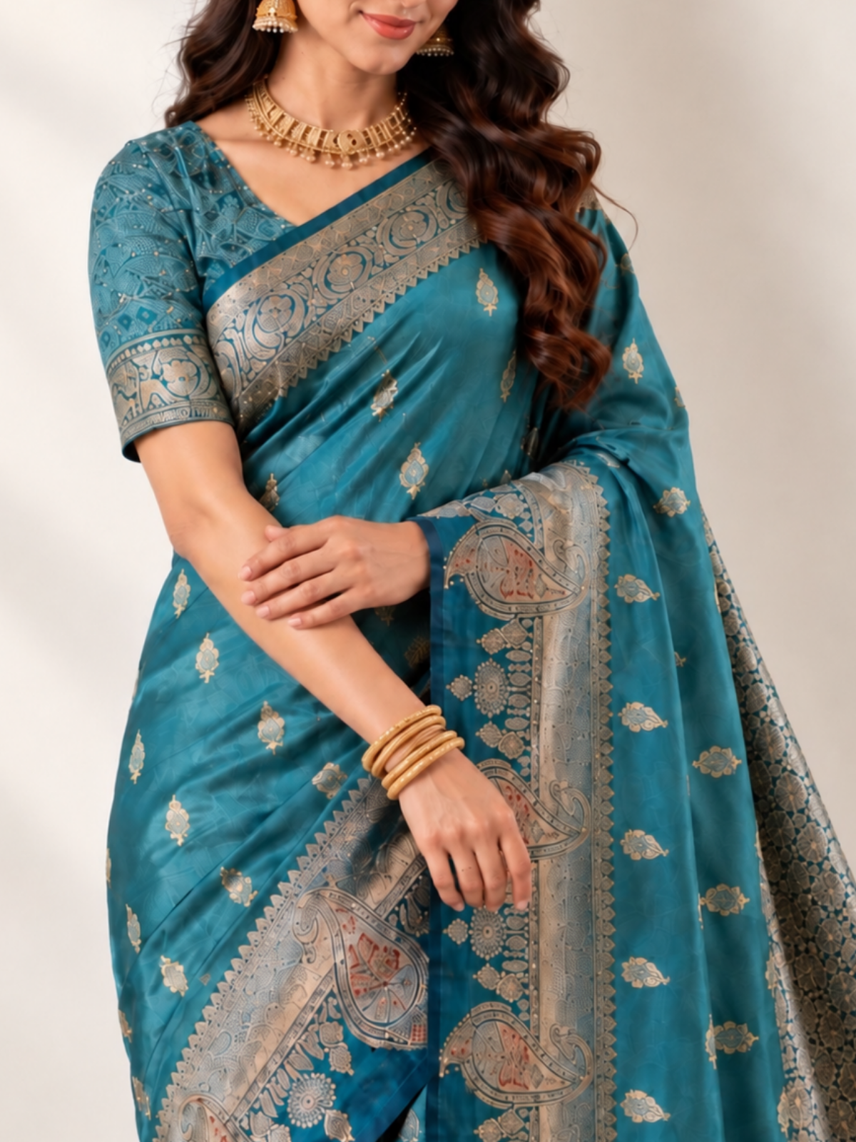 Metallic Sea-Green Silk Saree with Antique-Gold Paisley Pallu