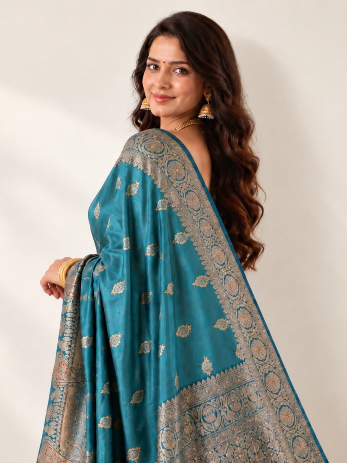 Metallic Sea-Green Silk Saree with Antique-Gold Paisley Pallu