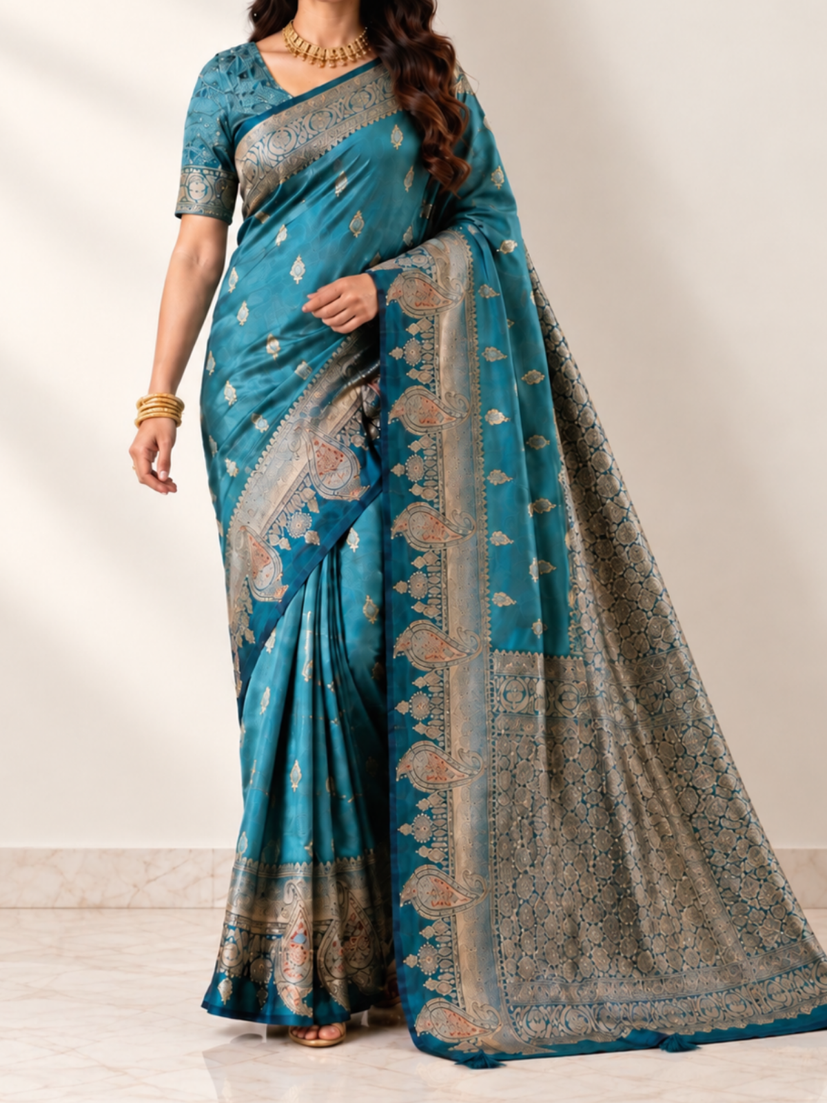 Metallic Sea-Green Silk Saree with Antique-Gold Paisley Pallu