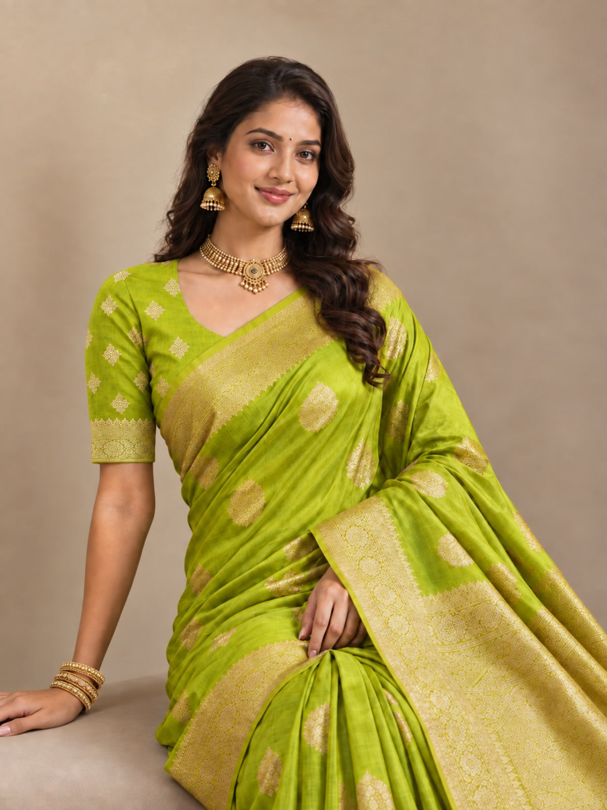 Parrot Green Silk Saree with Gold Leaf Buttis