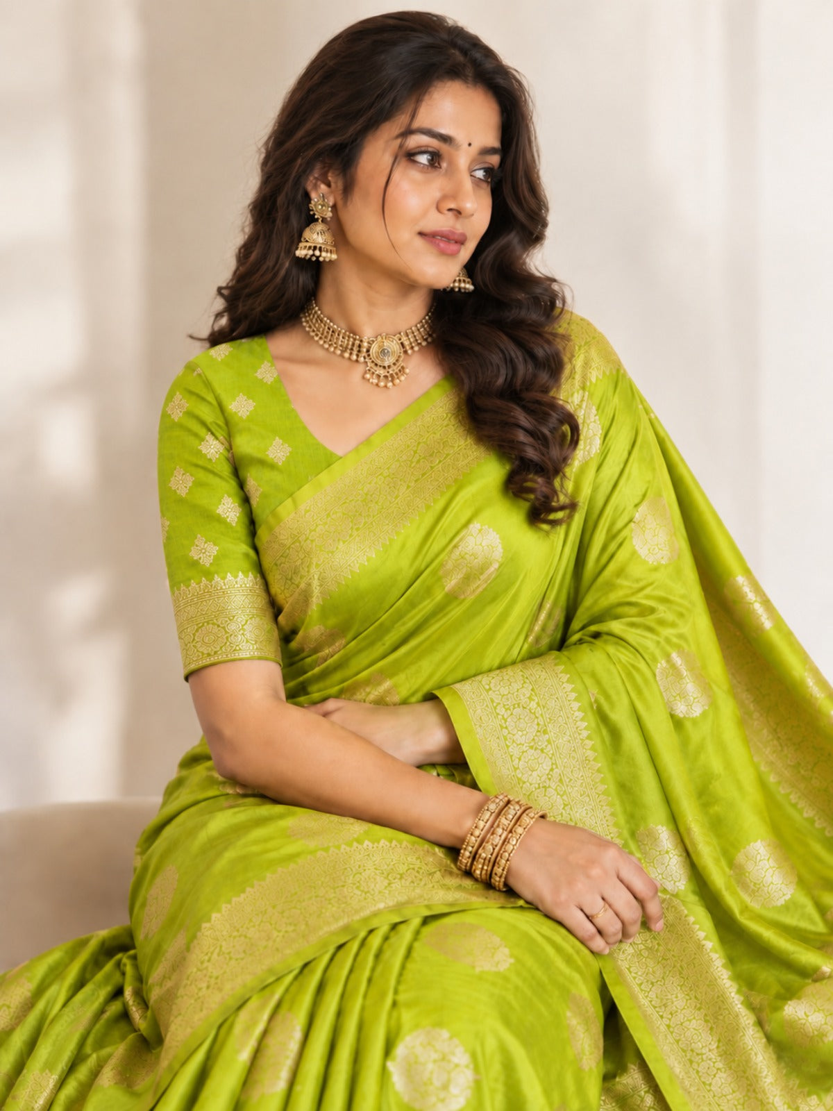 Parrot Green Silk Saree with Gold Leaf Buttis