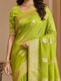 Parrot Green Silk Saree with Gold Leaf Buttis