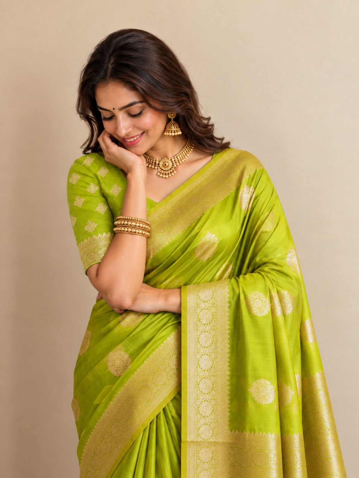 Parrot Green Silk Saree with Gold Leaf Buttis