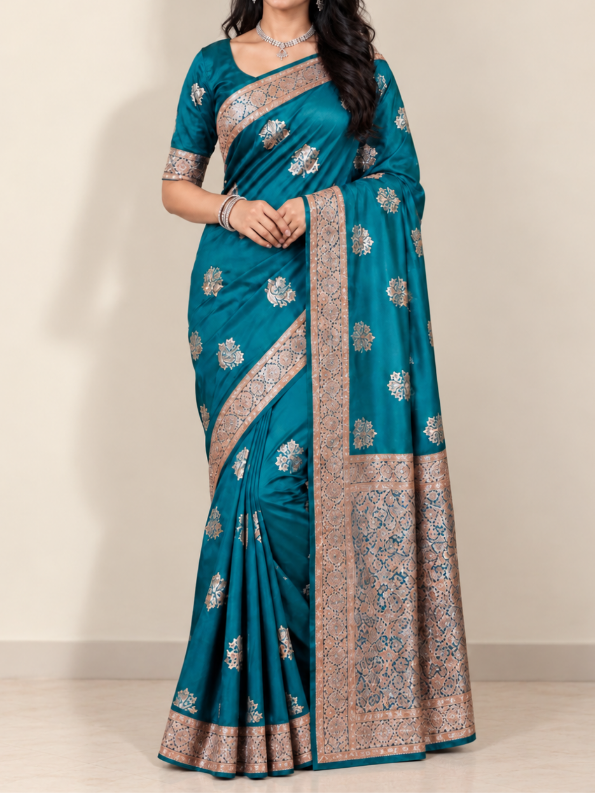 Peacock Blue Silk Saree with Silver Floral Embroidery