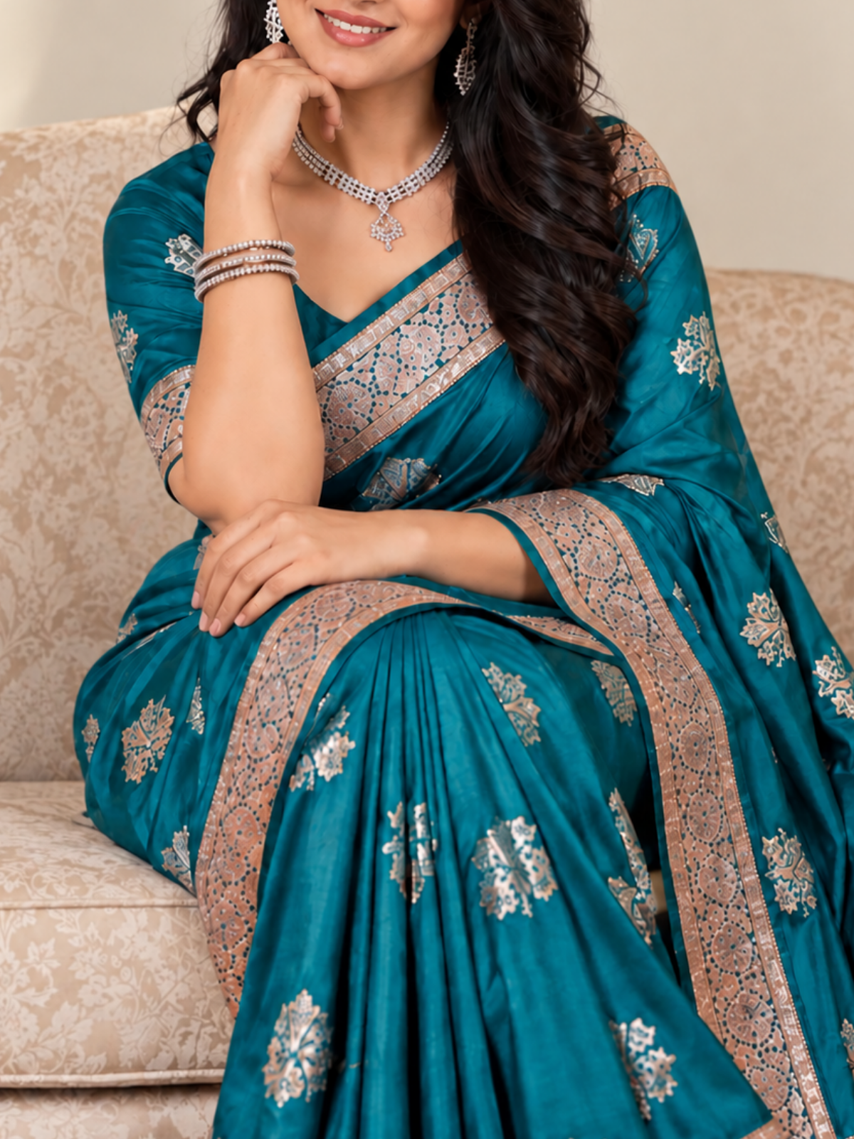 Peacock Blue Silk Saree with Silver Floral Embroidery