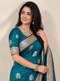 Peacock Blue Silk Saree with Silver Floral Embroidery