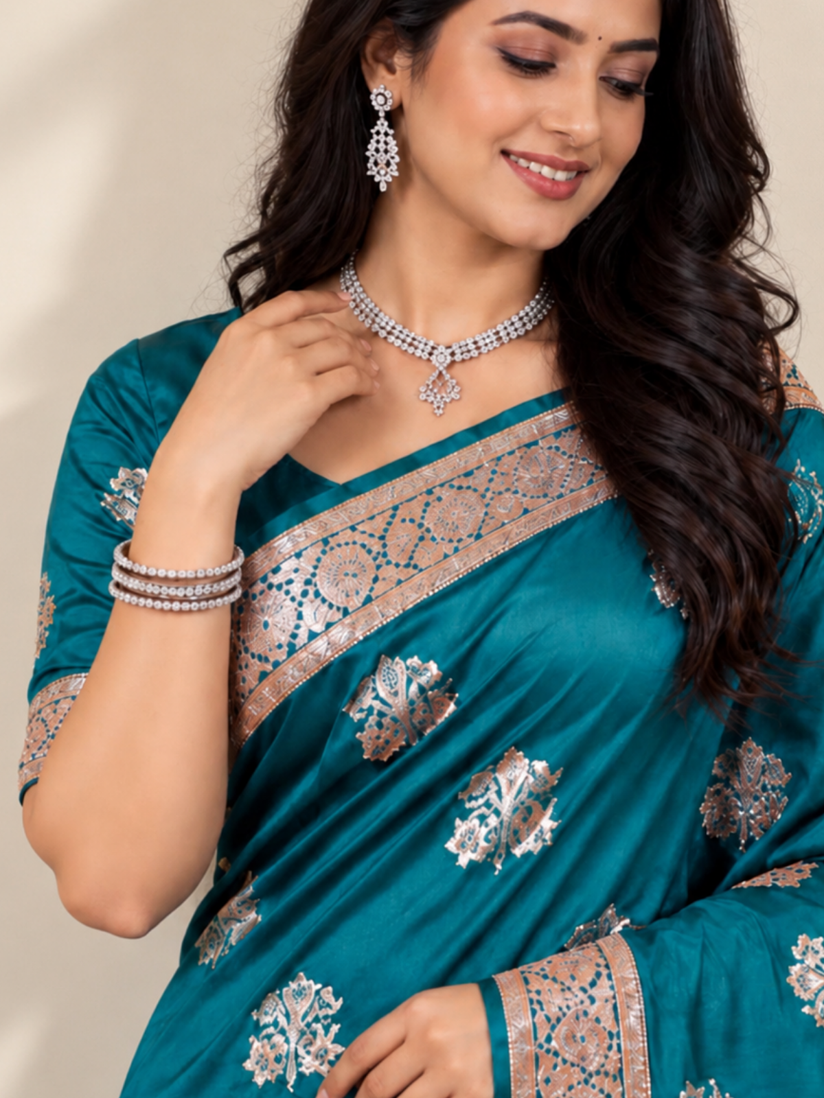 Peacock Blue Silk Saree with Silver Floral Embroidery