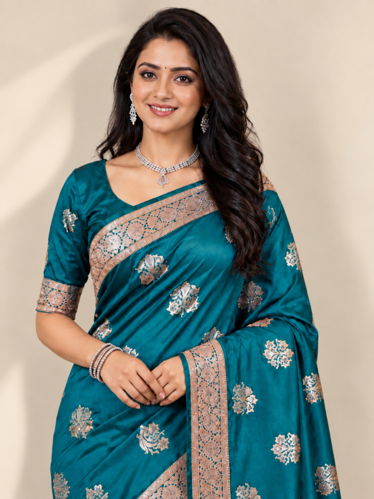 Peacock Blue Silk Saree with Silver Floral Embroidery