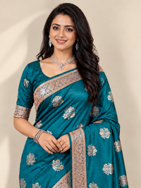 Peacock Blue Silk Saree with Silver Floral Embroidery