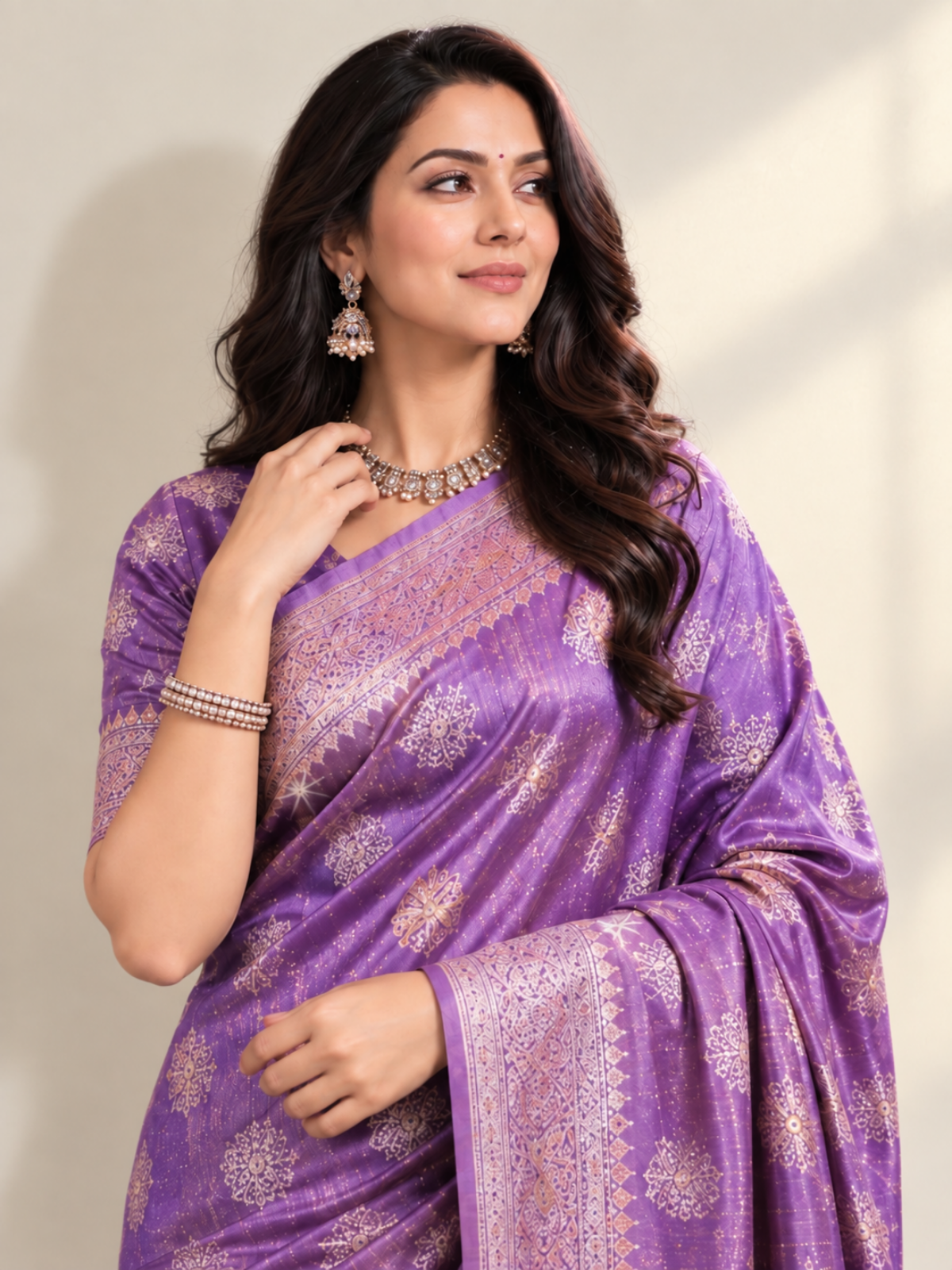 Lavender Purple Tissue Saree with Silver Star Buttis