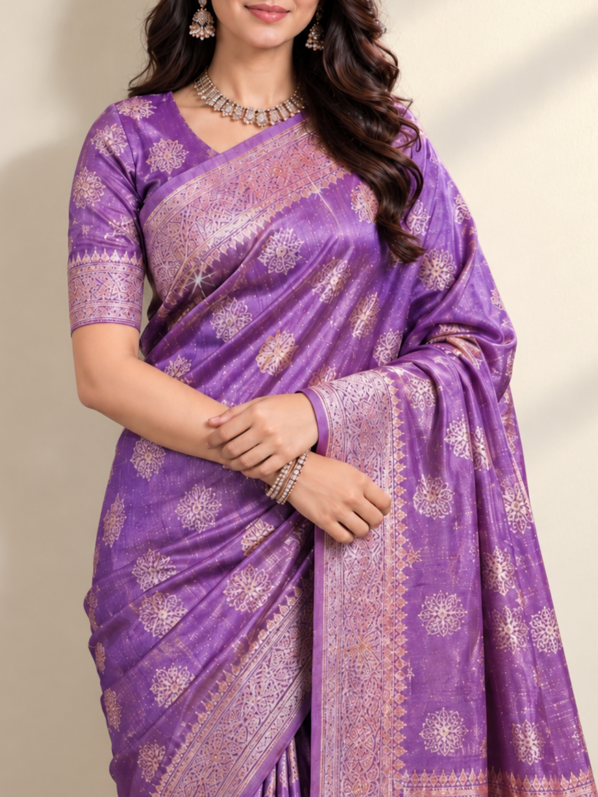 Lavender Purple Tissue Saree with Silver Star Buttis