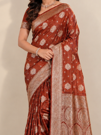 Rust Brown Silk Saree with Ivory Bandhani-Style Buttis