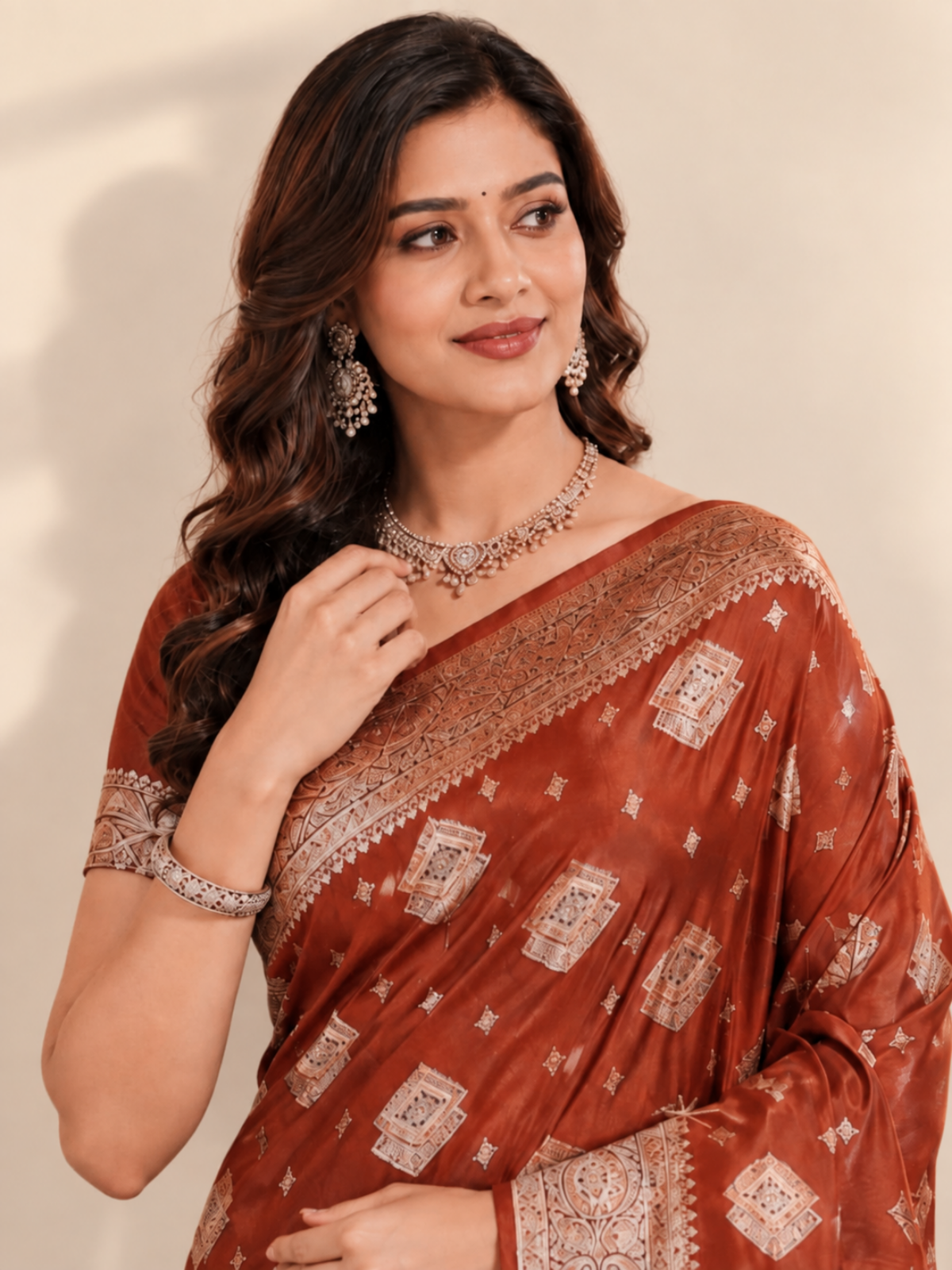 Rust Brown Silk Saree with Ivory Bandhani-Style Buttis