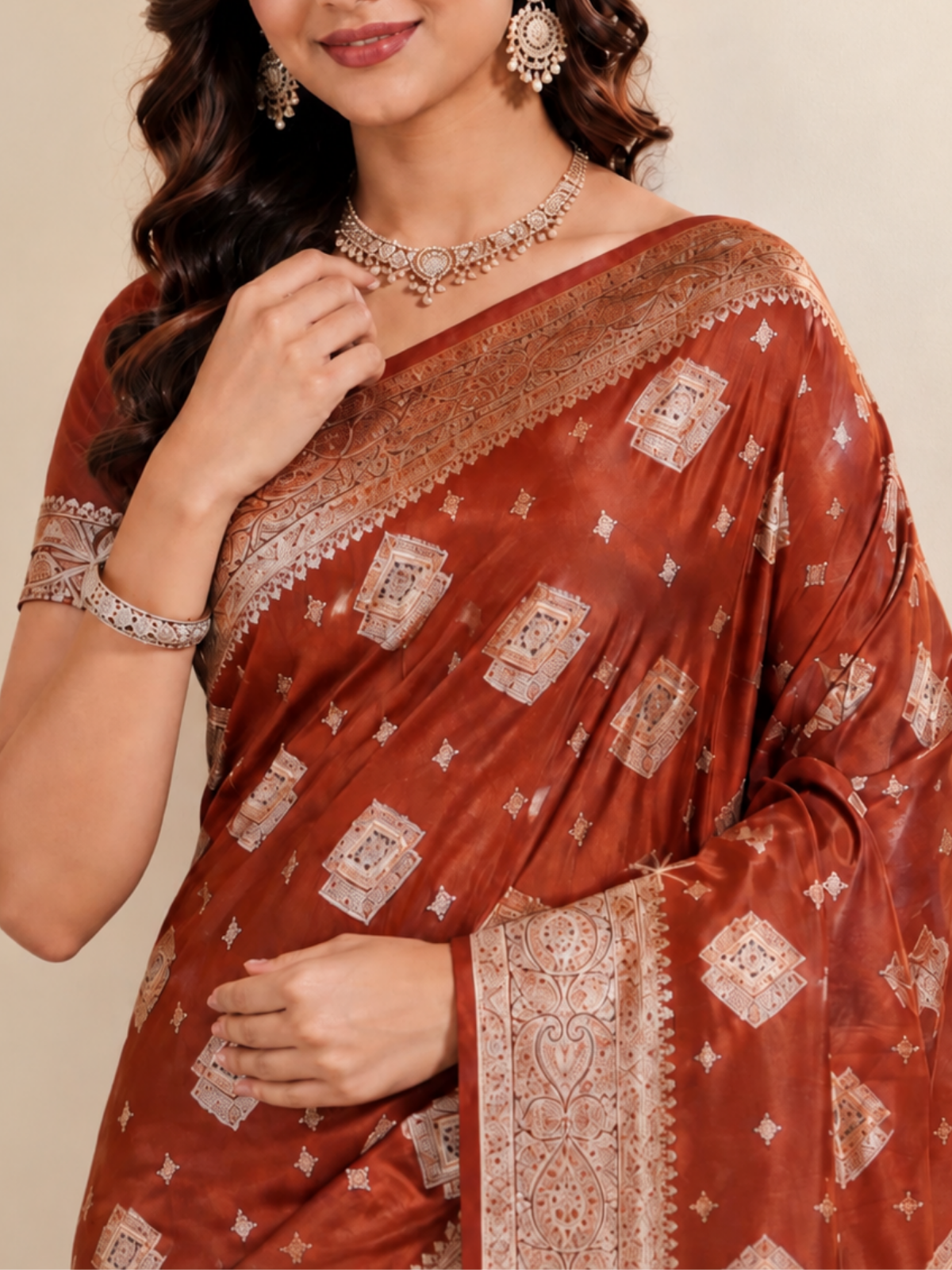 Rust Brown Silk Saree with Ivory Bandhani-Style Buttis