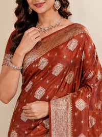 Rust Brown Silk Saree with Ivory Bandhani-Style Buttis
