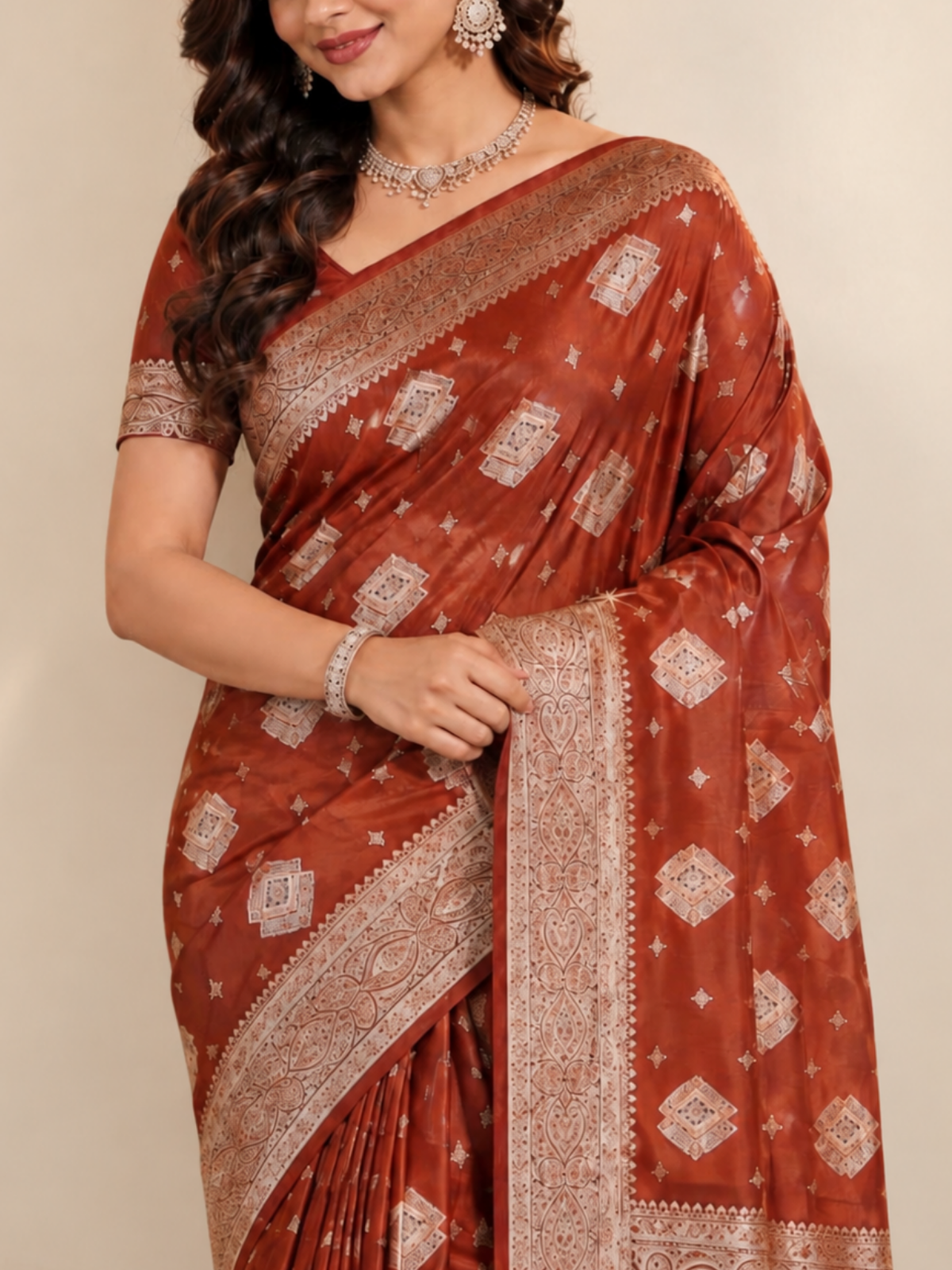 Rust Brown Silk Saree with Ivory Bandhani-Style Buttis