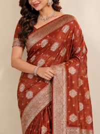 Rust Brown Silk Saree with Ivory Bandhani-Style Buttis