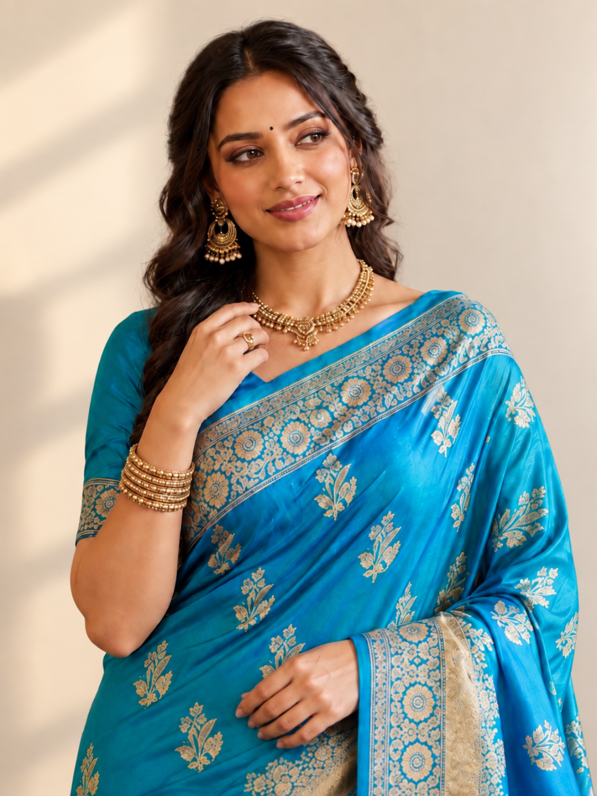 Cerulean Blue Silk Saree with Gold Floral Buttis