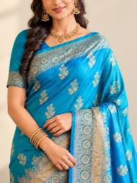 Cerulean Blue Silk Saree with Gold Floral Buttis