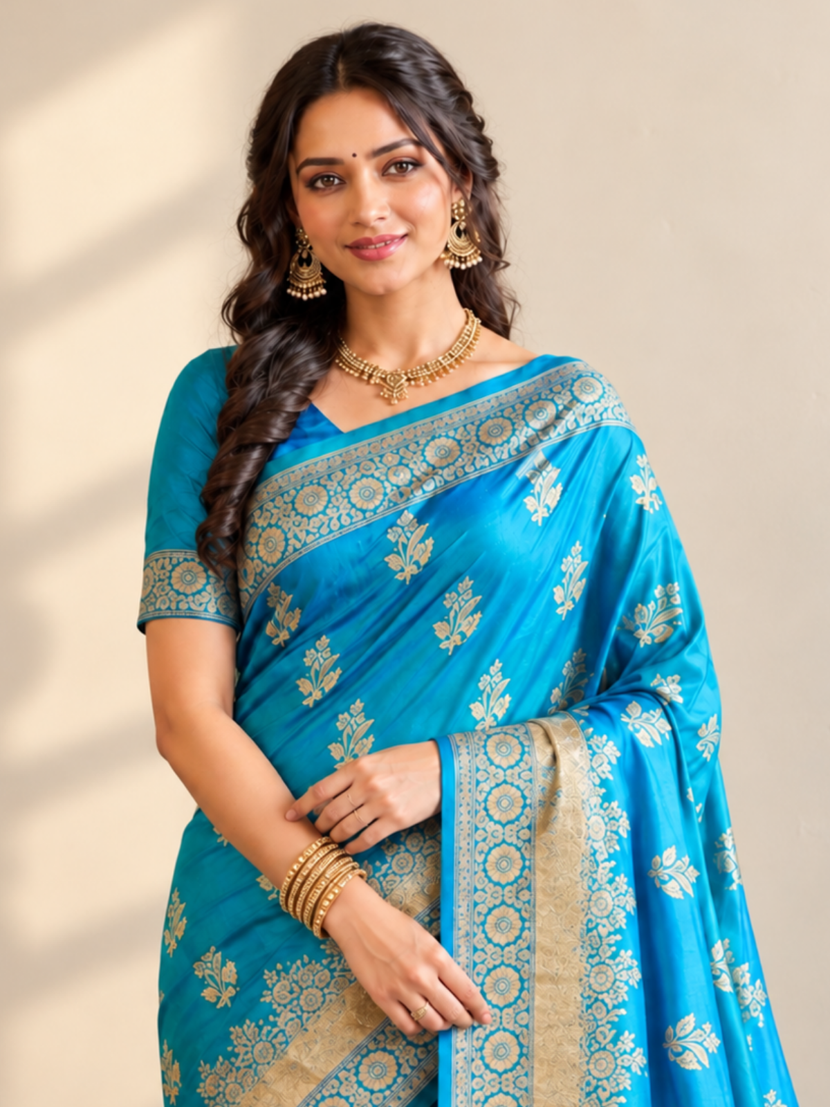 Cerulean Blue Silk Saree with Gold Floral Buttis