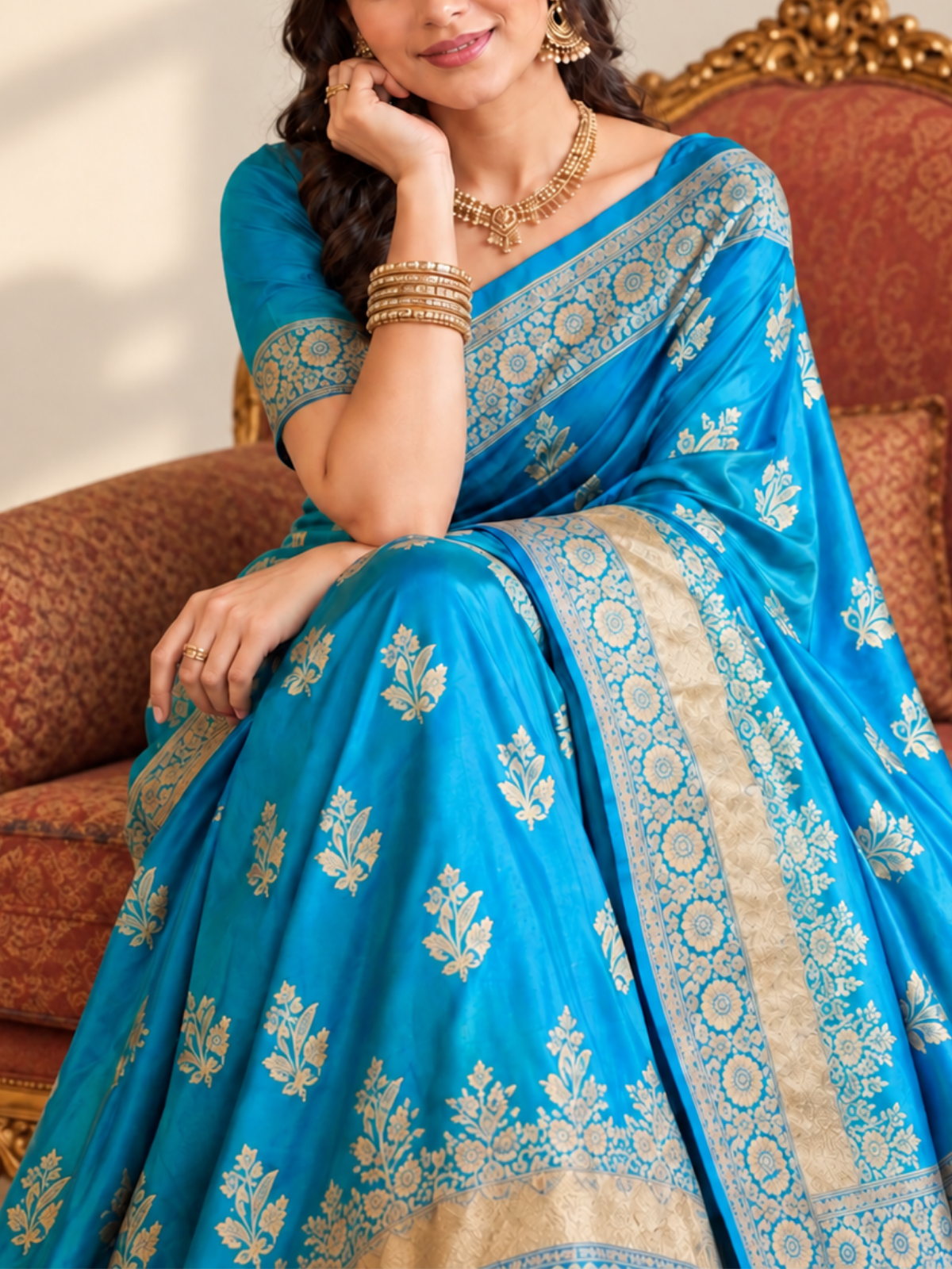 Cerulean Blue Silk Saree with Gold Floral Buttis