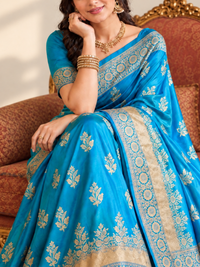 Cerulean Blue Silk Saree with Gold Floral Buttis