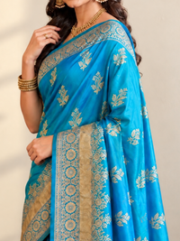 Cerulean Blue Silk Saree with Gold Floral Buttis