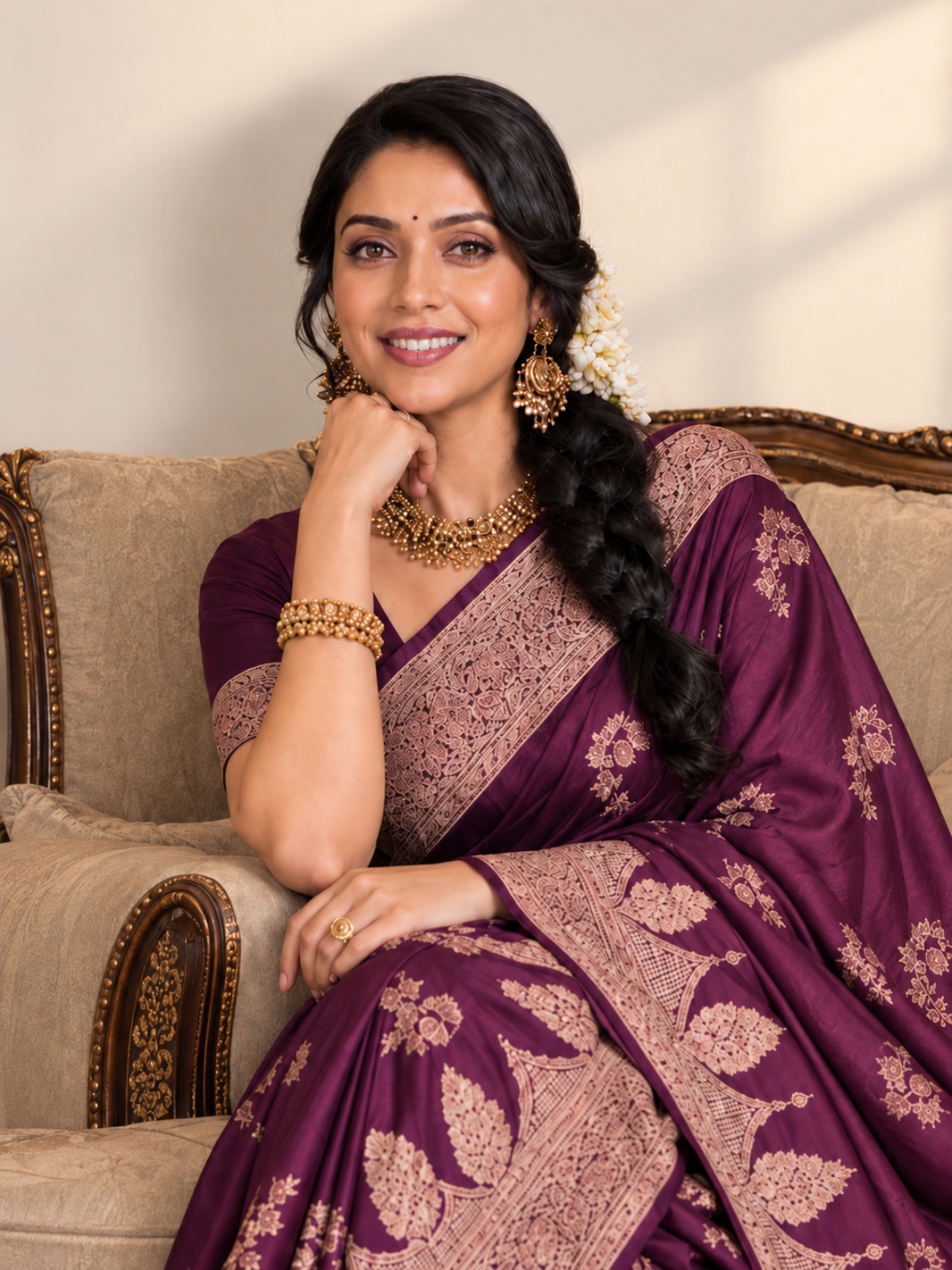 Wine Purple Velvet-Finish Saree with Rose-Gold Border