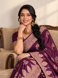 Wine Purple Velvet-Finish Saree with Rose-Gold Border