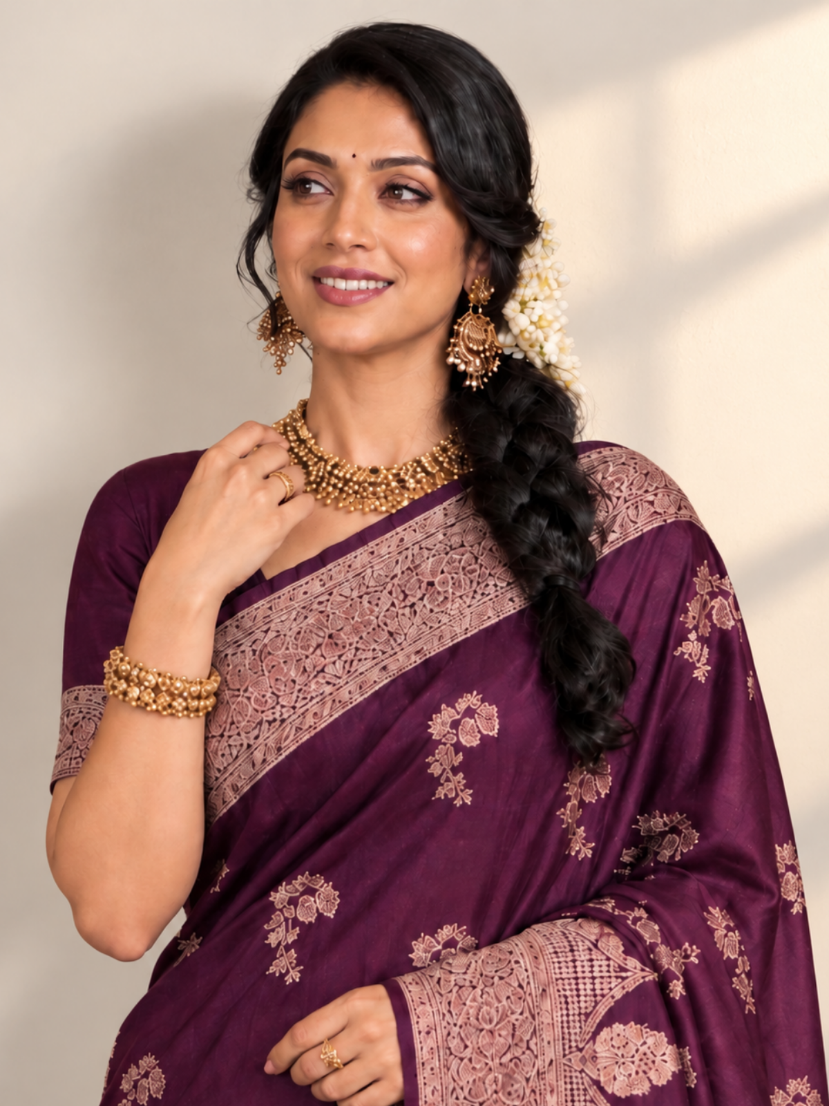 Wine Purple Velvet-Finish Saree with Rose-Gold Border