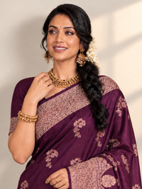 Wine Purple Velvet-Finish Saree with Rose-Gold Border