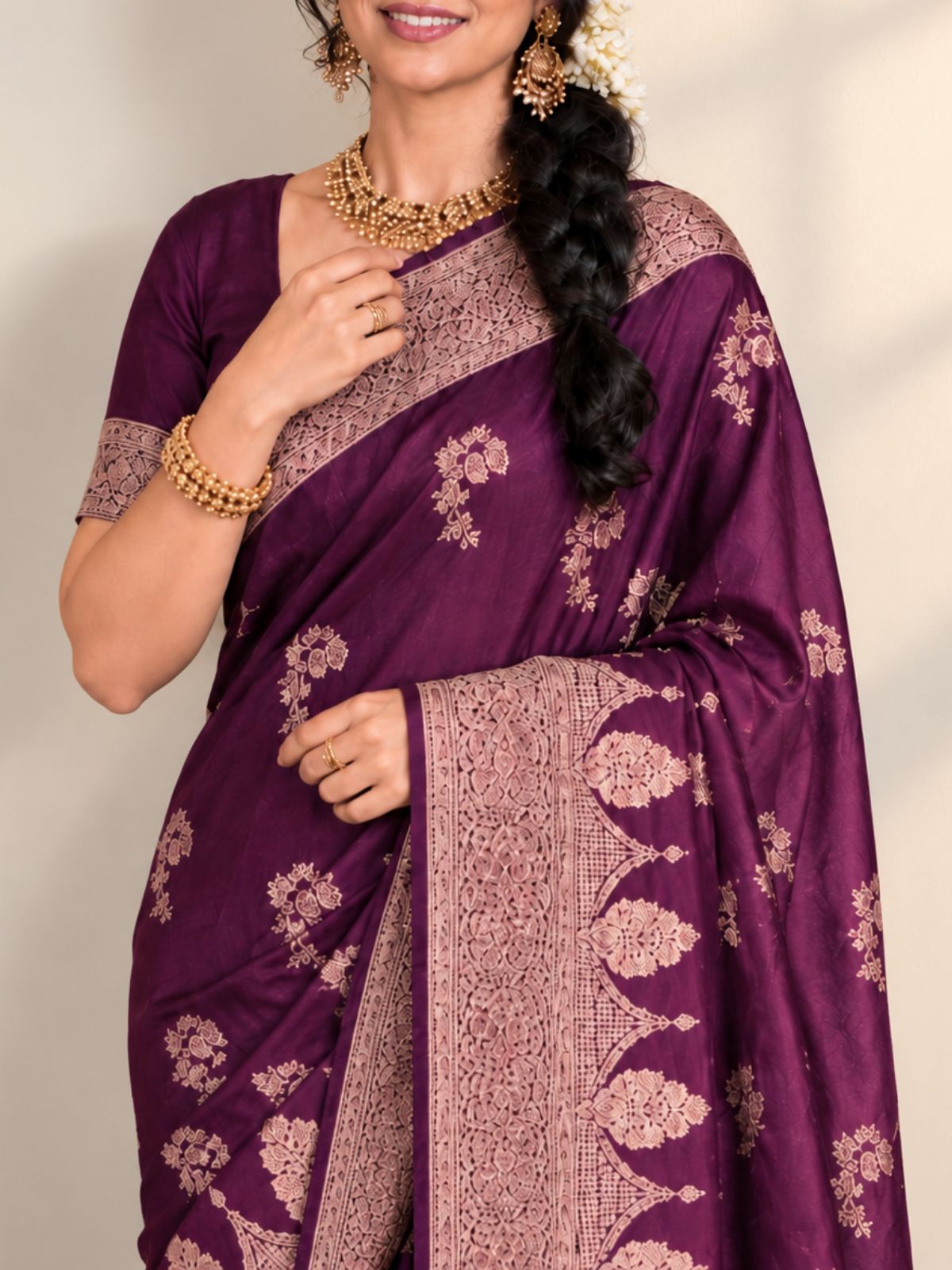 Wine Purple Velvet-Finish Saree with Rose-Gold Border