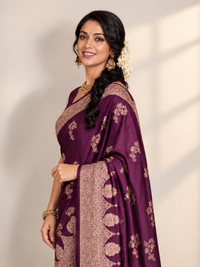 Wine Purple Velvet-Finish Saree with Rose-Gold Border