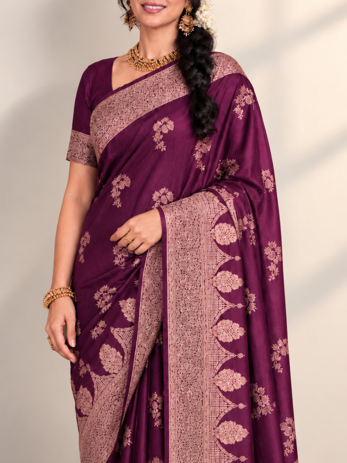 Wine Purple Velvet-Finish Saree with Rose-Gold Border