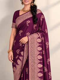 Wine Purple Velvet-Finish Saree with Rose-Gold Border