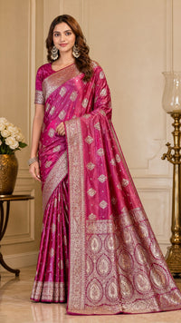 Mulberry Pink Silk Saree with Antique-Gold Diamond Buttis