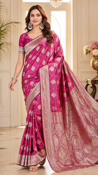 Mulberry Pink Silk Saree with Antique-Gold Diamond Buttis