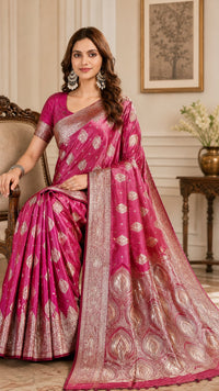 Mulberry Pink Silk Saree with Antique-Gold Diamond Buttis