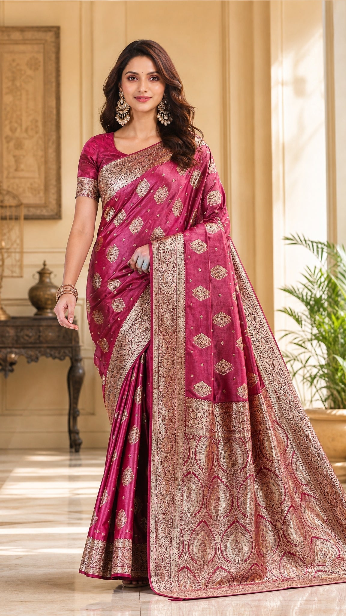 Mulberry Pink Silk Saree with Antique-Gold Diamond Buttis