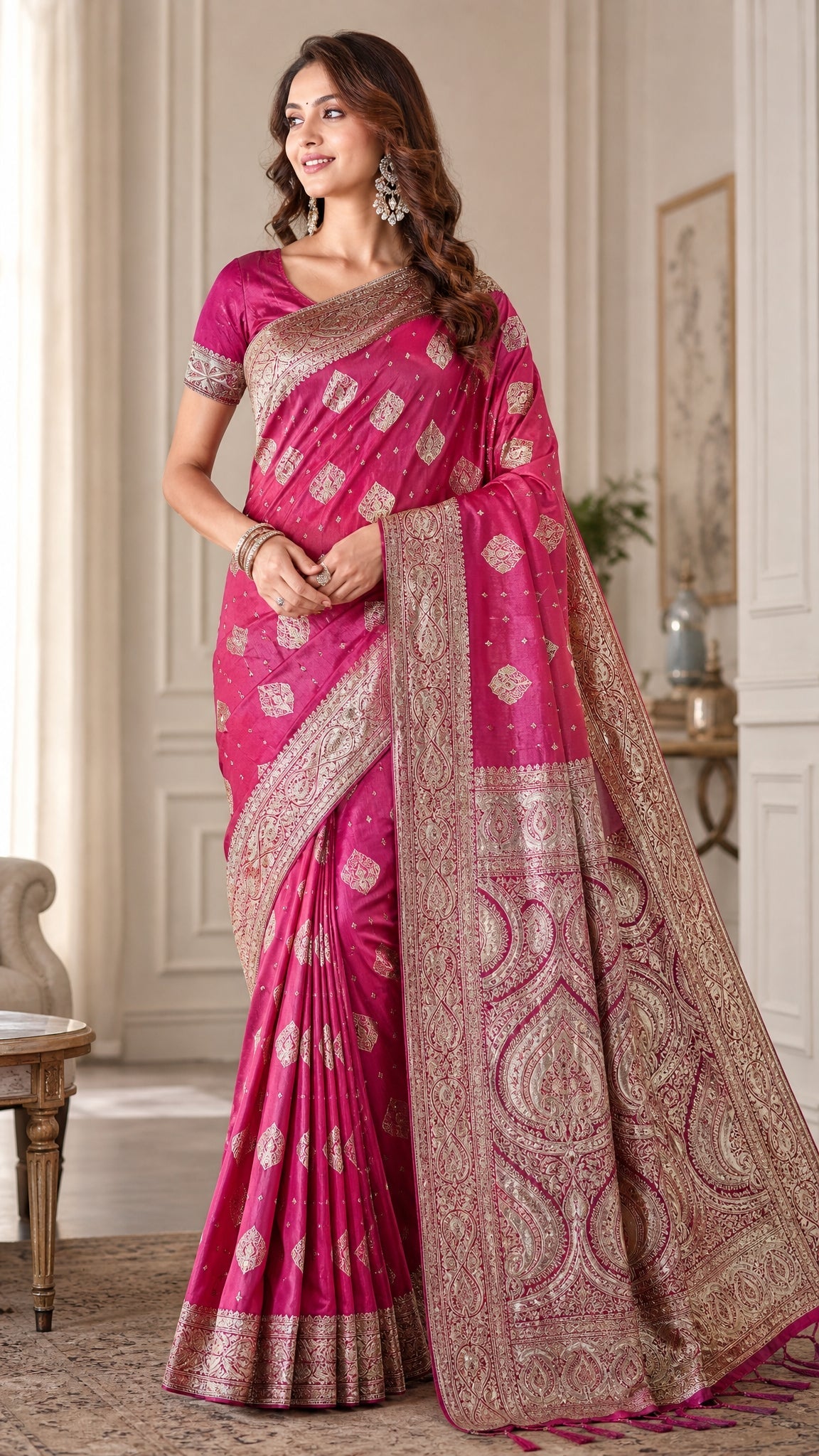Mulberry Pink Silk Saree with Antique-Gold Diamond Buttis