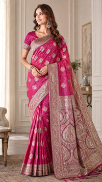 Mulberry Pink Silk Saree with Antique-Gold Diamond Buttis