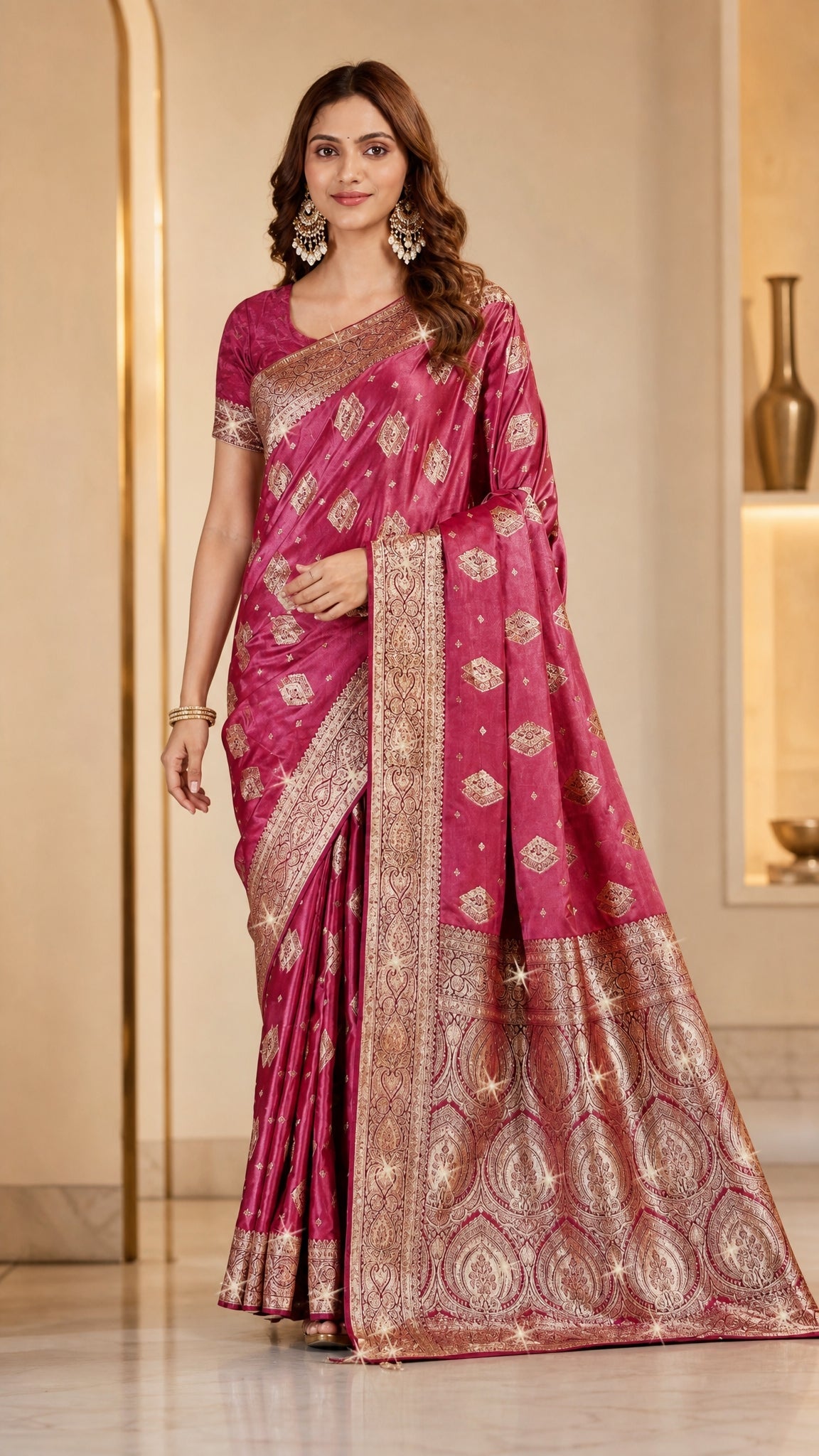 Mulberry Pink Silk Saree with Antique-Gold Diamond Buttis